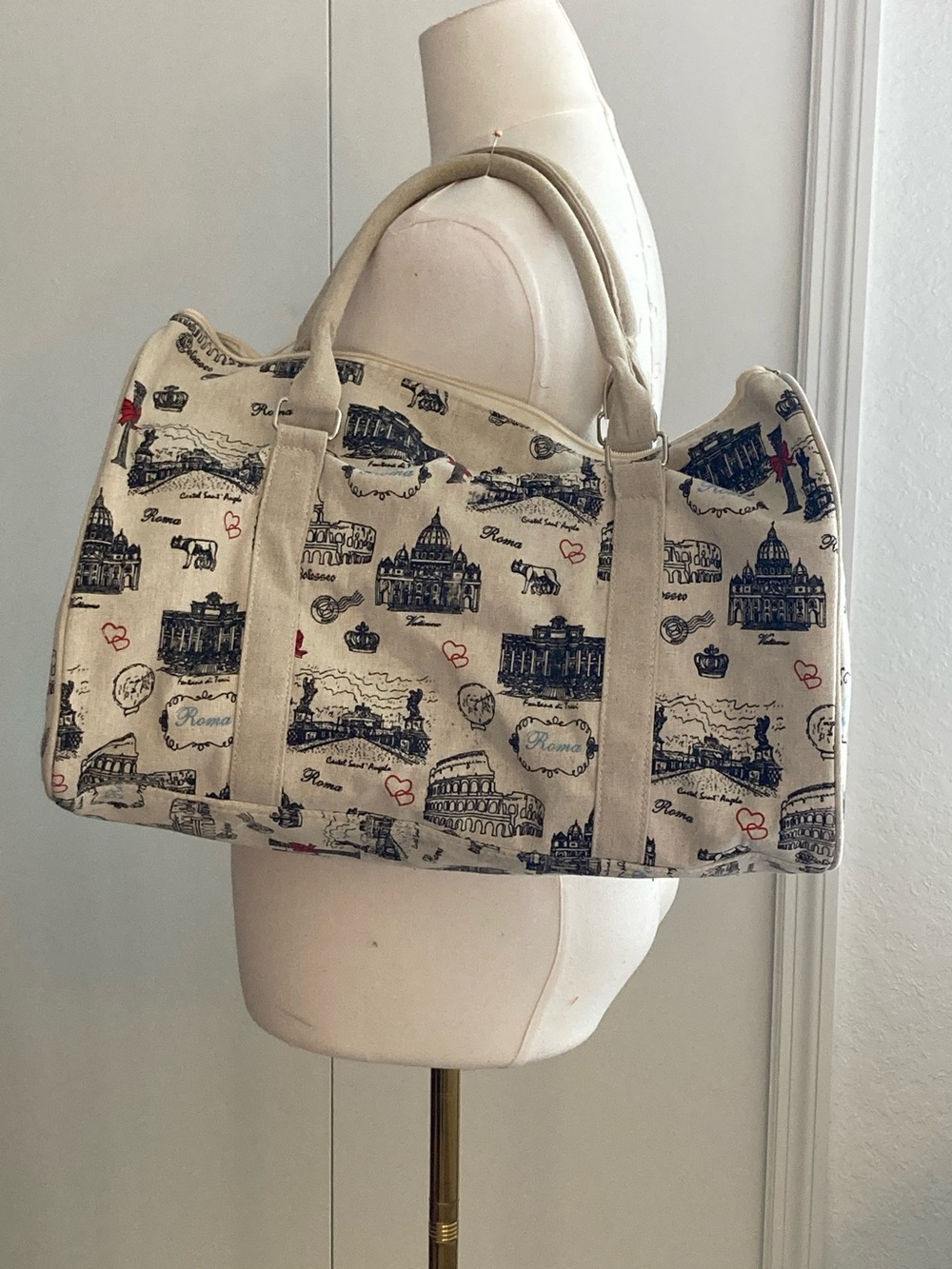 Canvas Rome Print Tote Bag in Beige